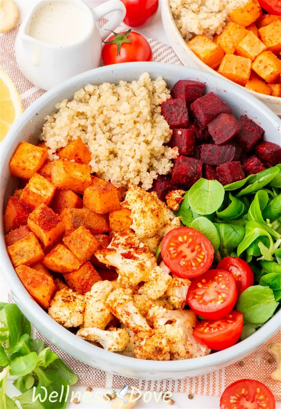 Roasted Cauliflower Quinoa Beet Vegan Bowl WellnessDove