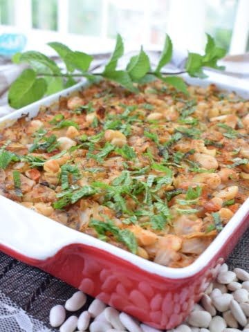 ¾ view of baked cabbage and bean casserole