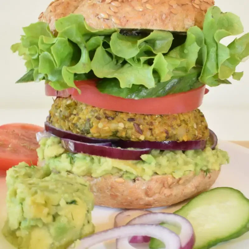 front view of chickpea avocado burger
