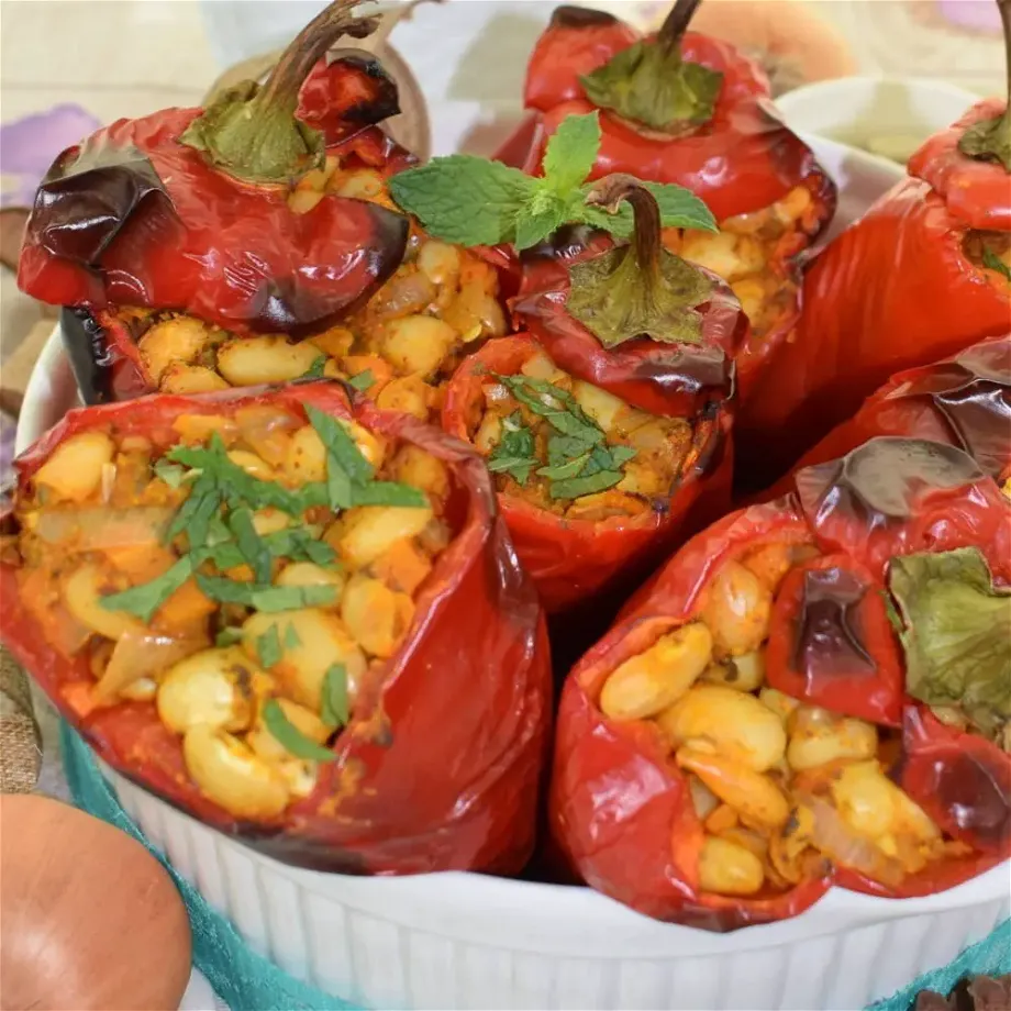 ¾ shot of bean stuffed red peppers