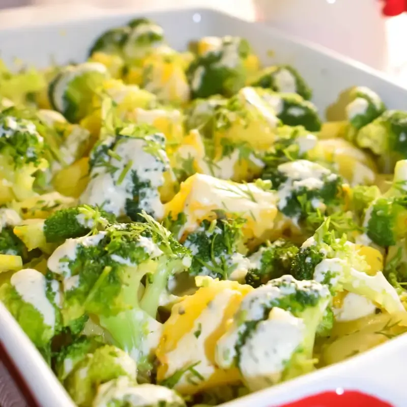 Broccoli and Potatoes Casserole dish ¾ view