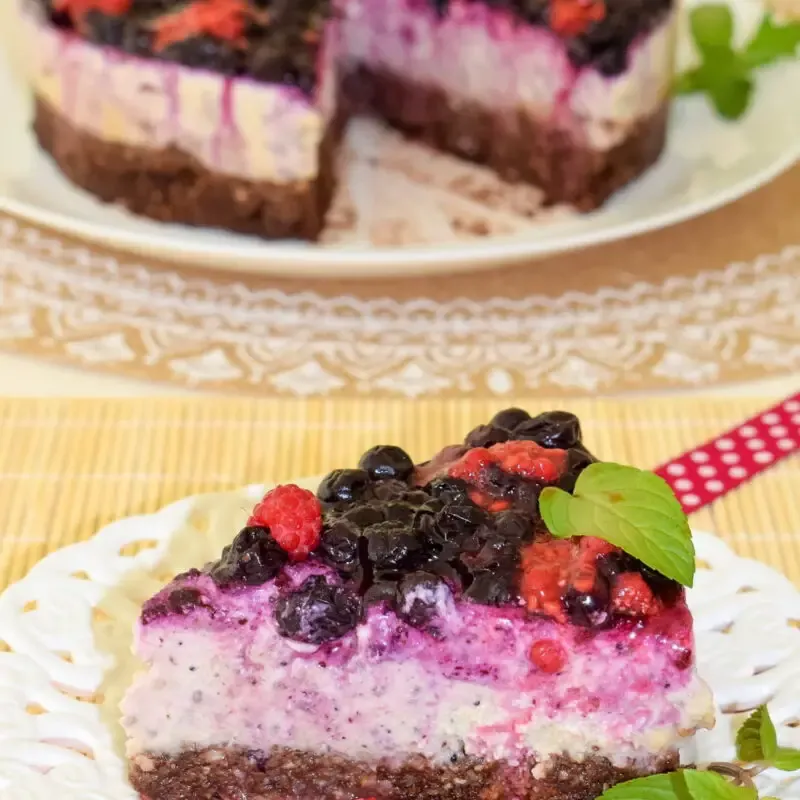 a piece of vegan blueberries cheesecake, ¾ view