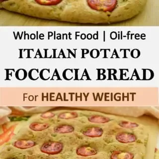 A delicious home-made Italian-Style Potato Foccacia Bread recipe! Topped with cherry tomatoes and fresh rosemary, it is just so juicy and tasty. With only whole plant food ingredients and oil-free for great health!