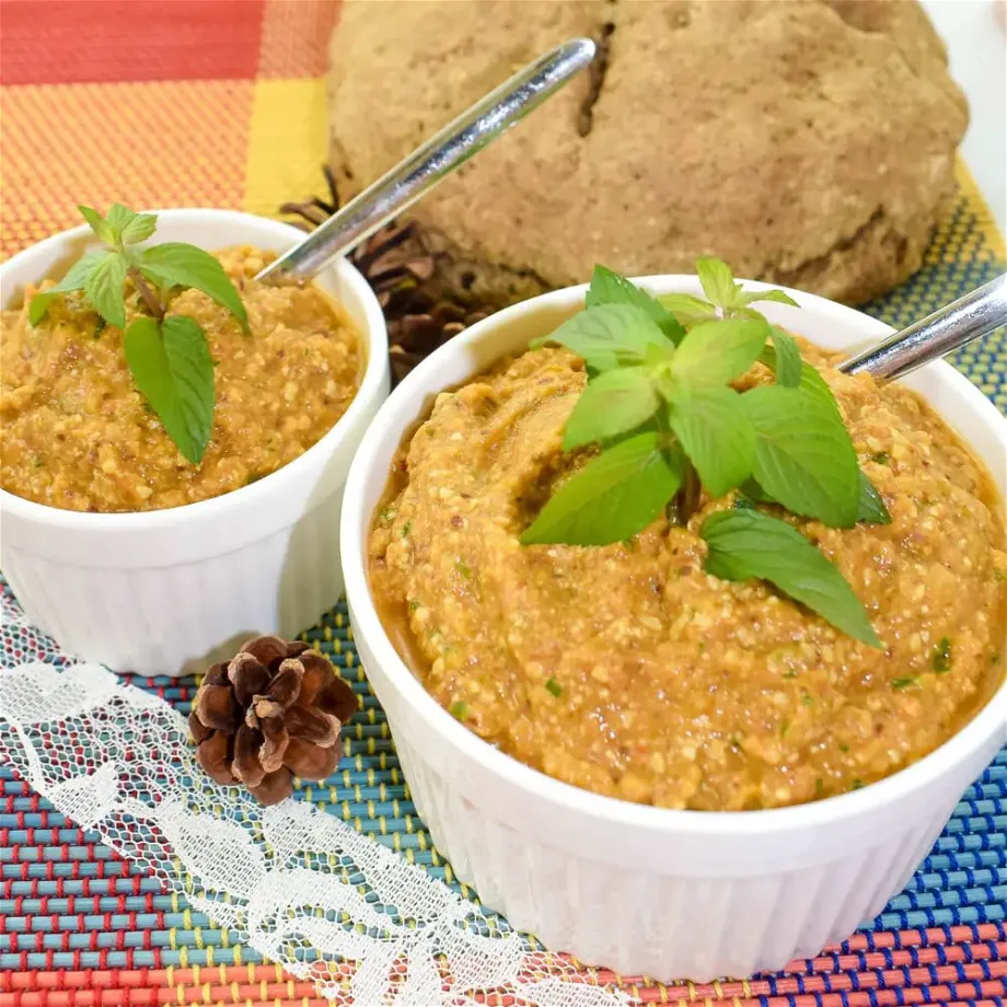 two bowls of vegan cashew and veggie spread ¾ view