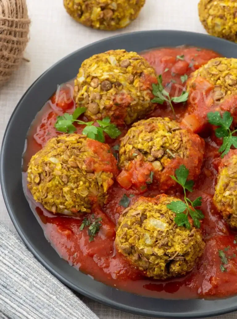 The vegan meatballs in a plate, 3/4 front angle