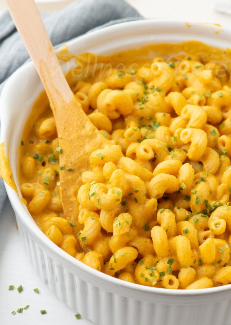 a close up of a casserole full of vegan mac and cheese