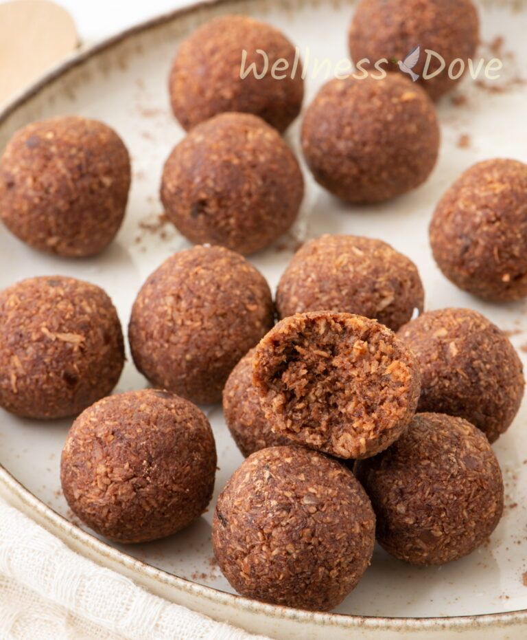 vegan coconut balls in a plate, front view