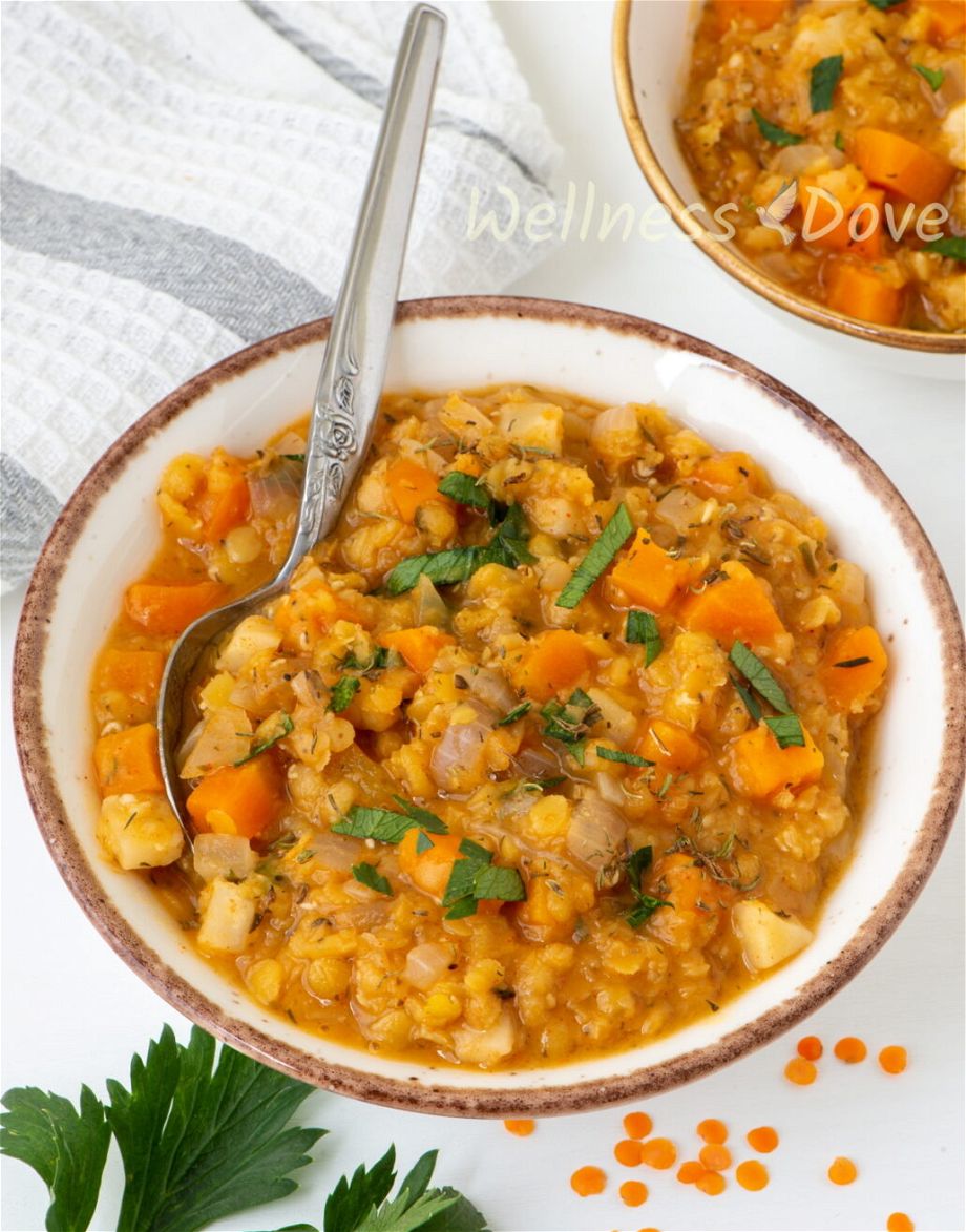 the easy red lentils vegan soup in a bowl 