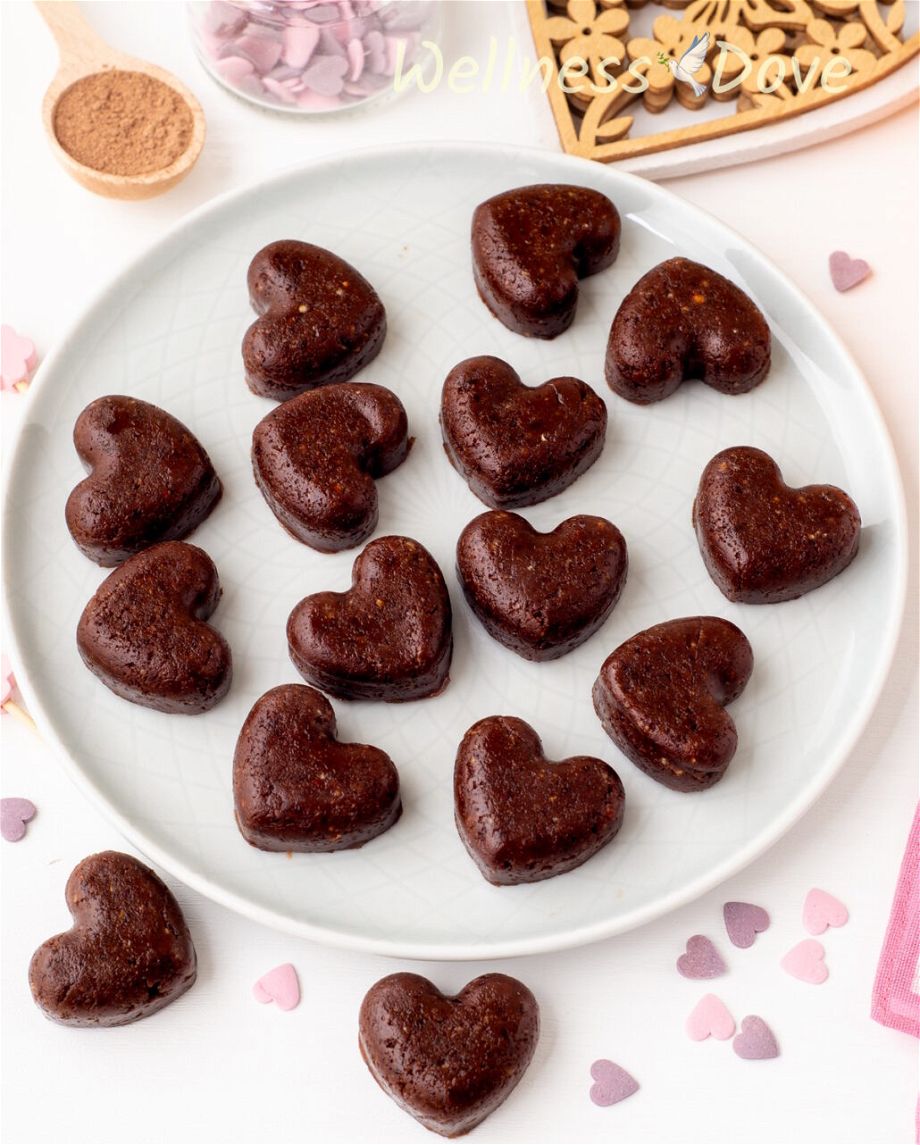 the healthy vegan brownie hearts in a larger plate 