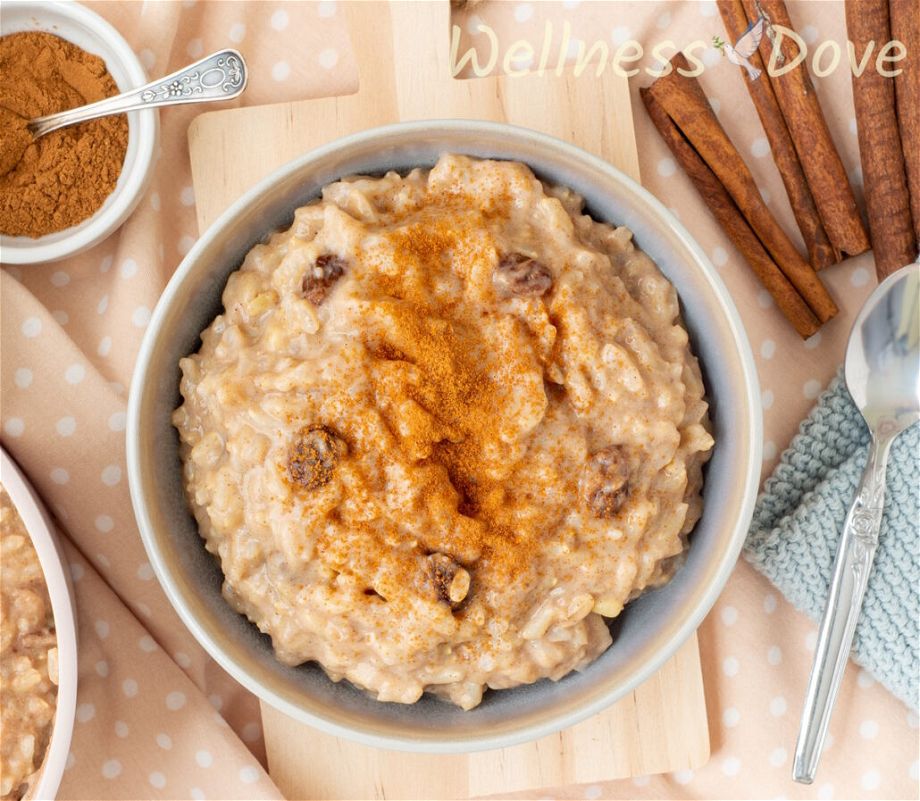 an overhead view of the  quick vegan brown rice pudding in a grey bowl