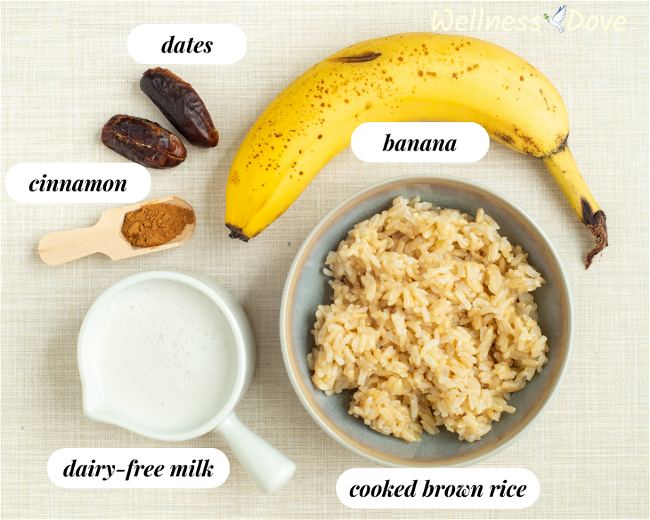 the ingredients for the quick vegan brown rice pudding