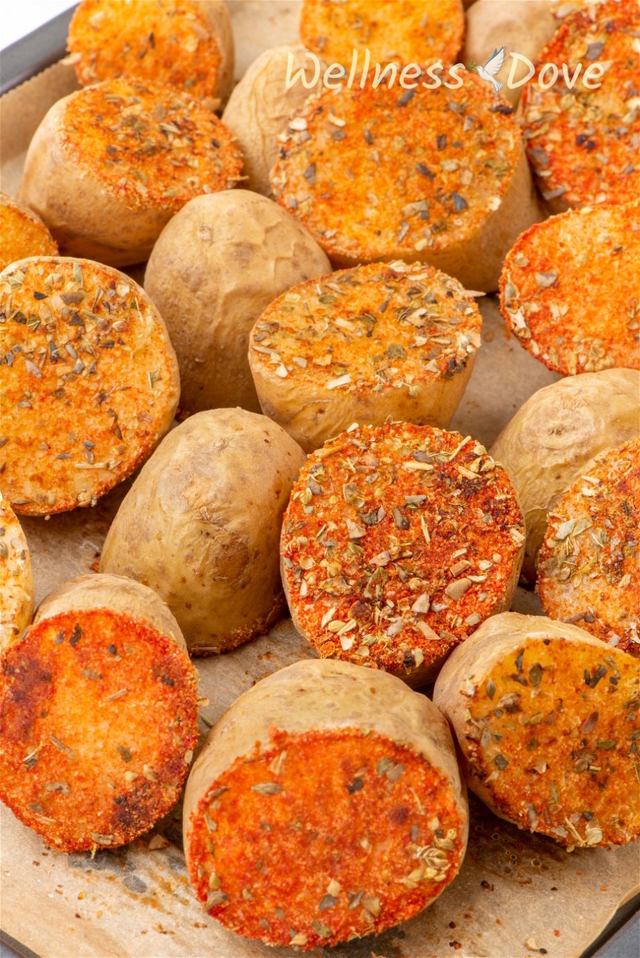 a close up view of the the vegan oven baked potatoes with herbs