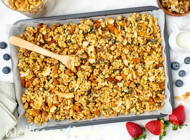 the homemade vegan sugar-free granola recipe from an overhead view in a baking tray