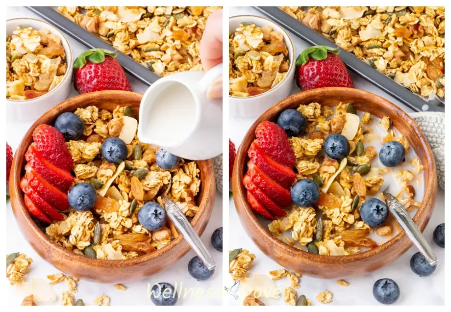 a collage of two photos of the homemade vegan sugar-free granola recipe  in a wooden bowl 