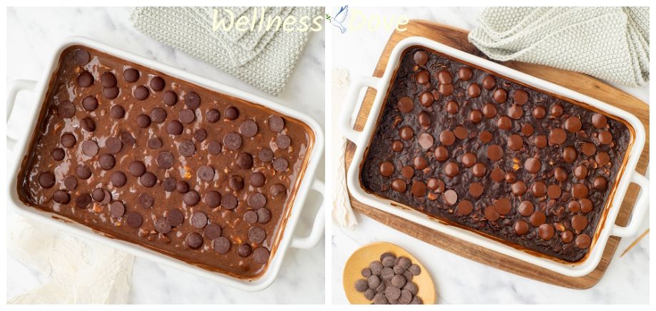 a photo collage, comparing the Vegan Brownie Baked Oatmeal before and after it was baked