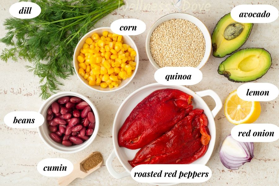the ingredients for the vegan avocado quinoa salad 