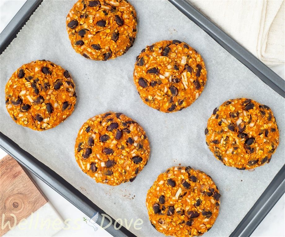 the Sweet Potato Black Bean Burgers on a baking tray, shot from overhead