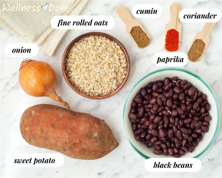 the ingredients for the Sweet Potato Black Bean Burgers