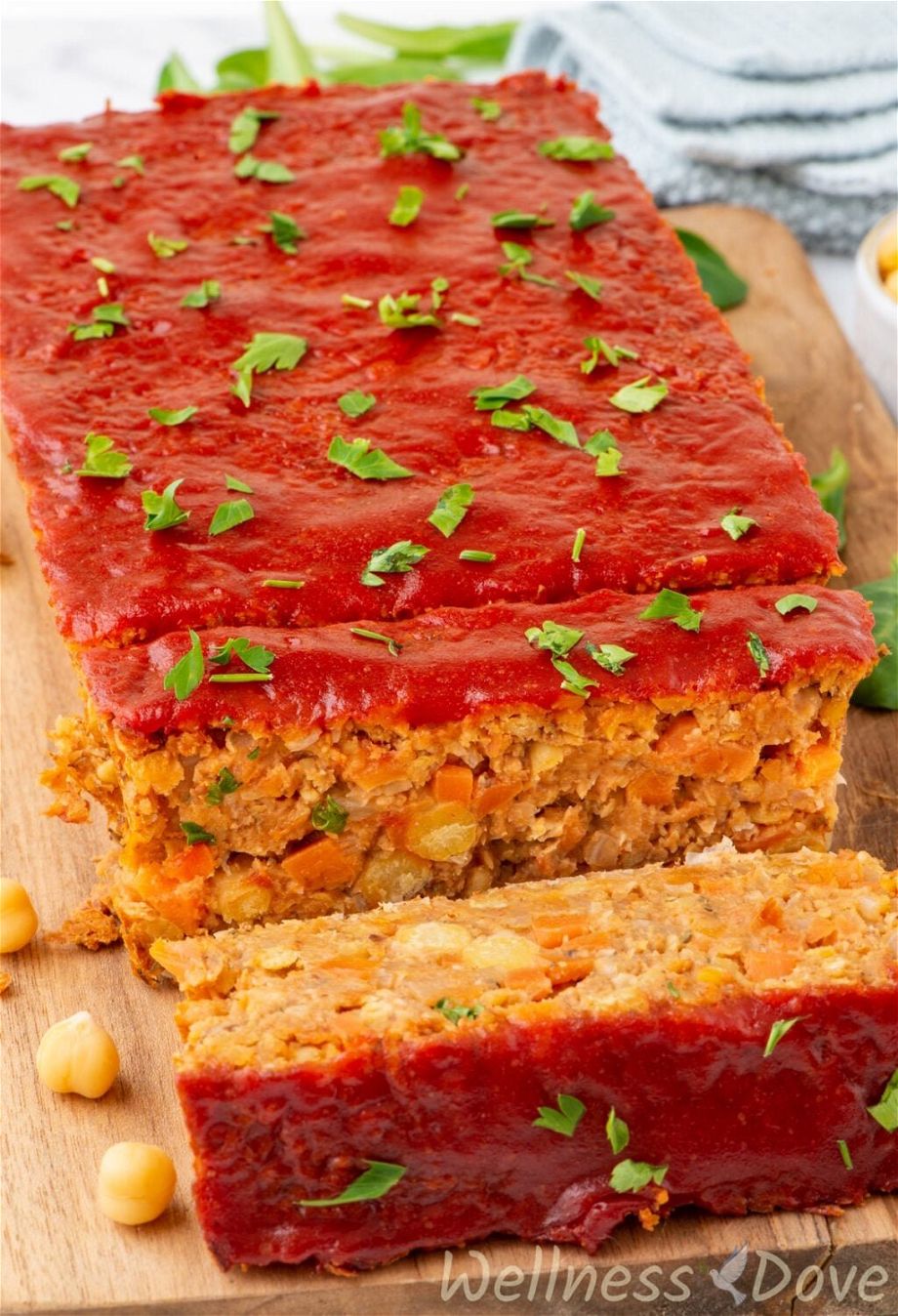 a macro 3/4 angle shot of the vegan chickpea meatloaf