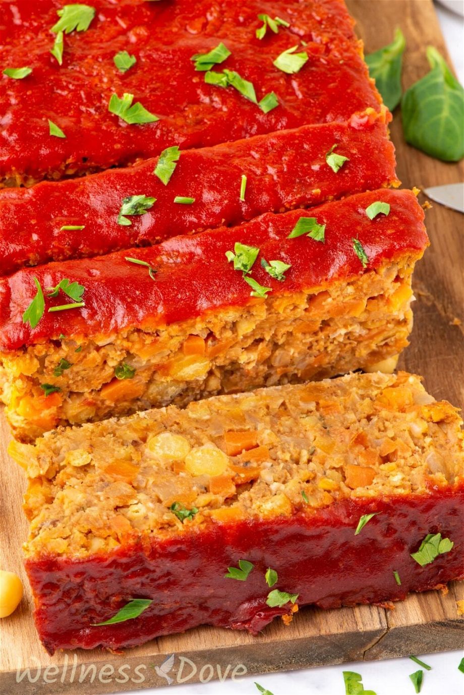 a macro shot of the the vegan chickpea meatloaf 
