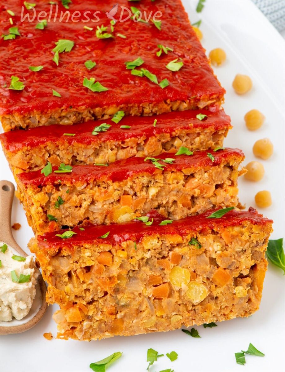 3 pieces of the vegan chickpea meatloaf