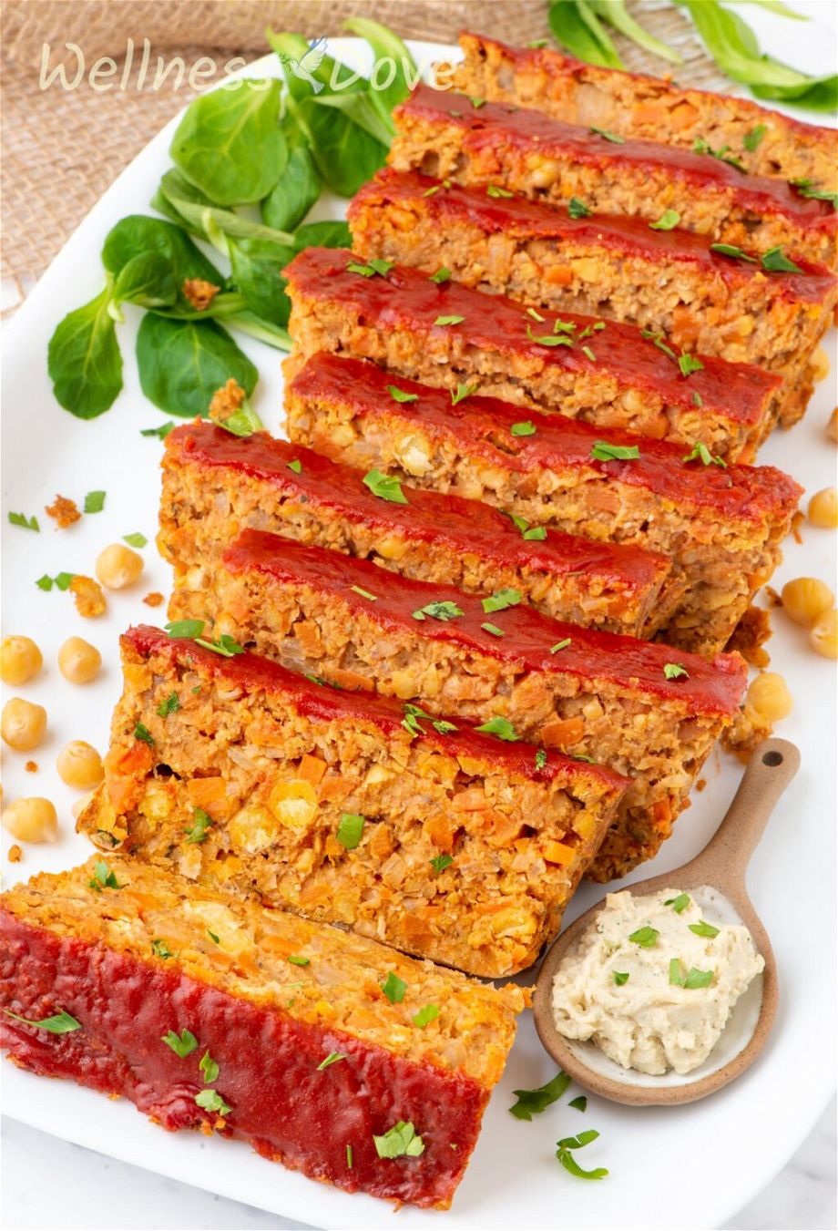 the vegan chickpea meatloaf cut into 9 pieces