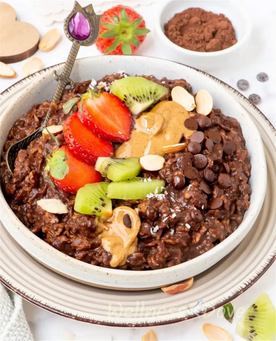 a 3/4 view of the  chocolate vegan oatmeal in a shallow bowl