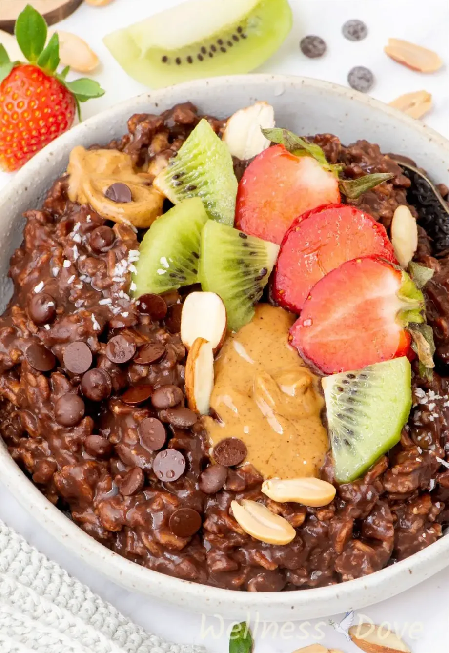 a macro shot of a bowl full of chocolate vegan oatmeal