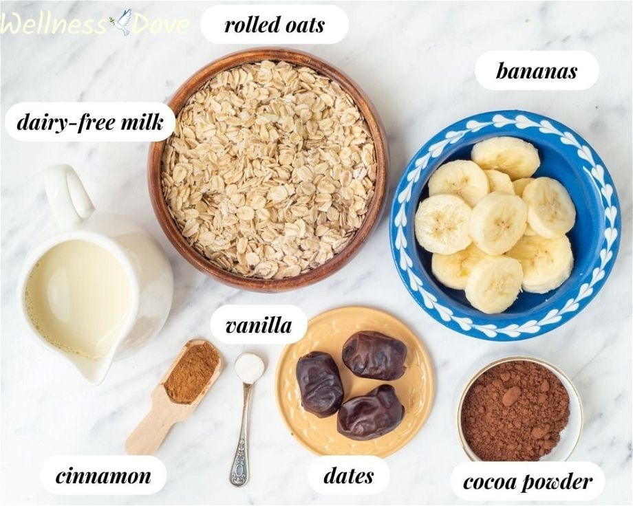 the ingredients for the  chocolate vegan oatmeal