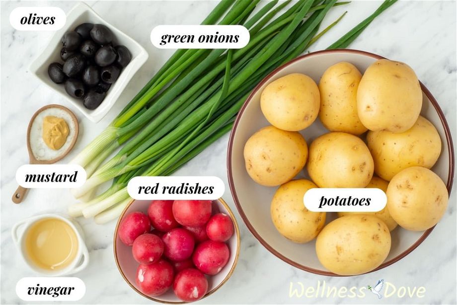 the ingredients for the vegan no mayo potato salad