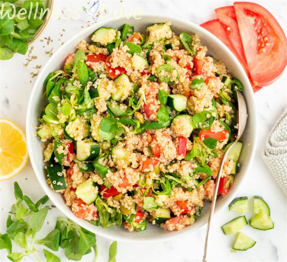 a overhead photo of the easy quinoa vegan summer salad in a large bowl