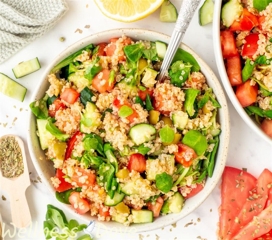 an overhead shot of the easy quinoa vegan summer salad in a small bowl