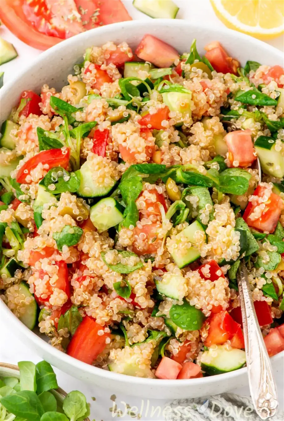 a macro shot of the easy quinoa vegan summer salad