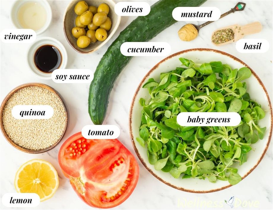the ingredients for the easy quinoa vegan summer salad