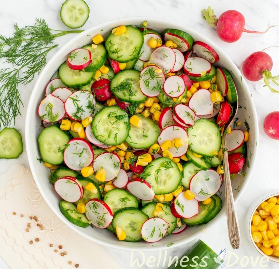 a photo of the Fresh Cucumber Summer Vegan Salad from overhead