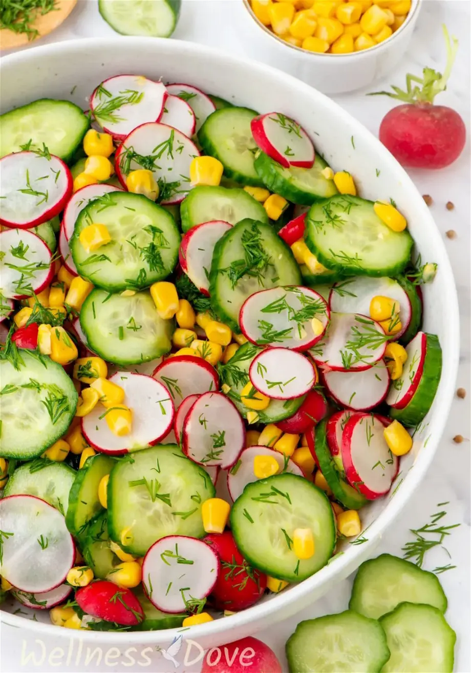 a close up, 3/4 angle of the Fresh Cucumber Summer Vegan Salad