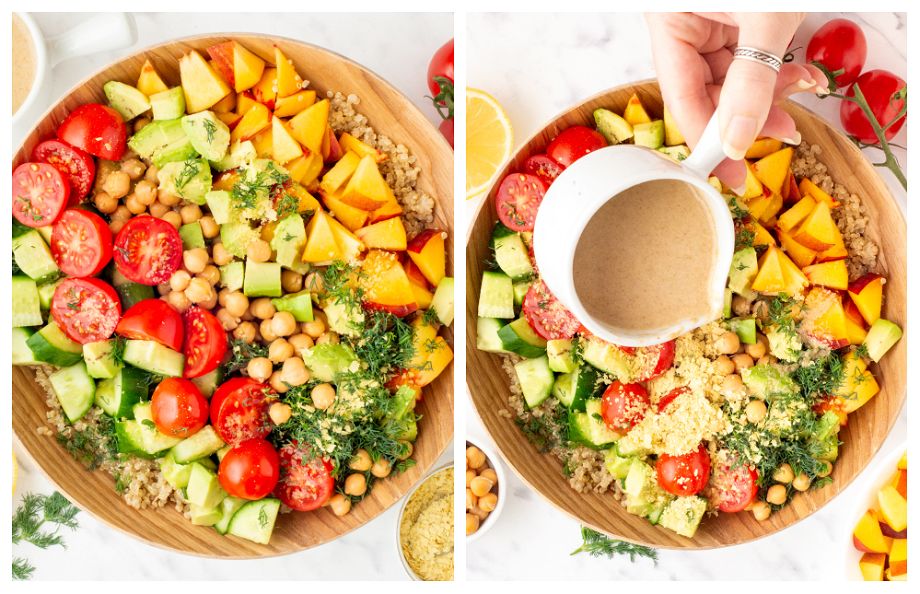 a collage of 2 overhead photos of the chickpea quinoa vegan salad  while it's being made