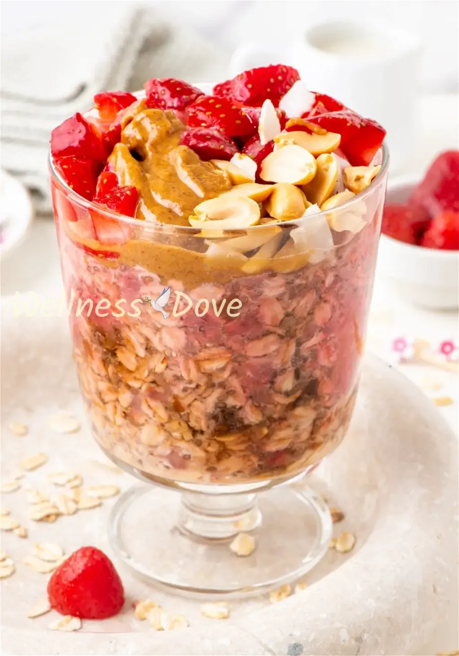a macro shot of the Easy Overnight Oats with Strawberries