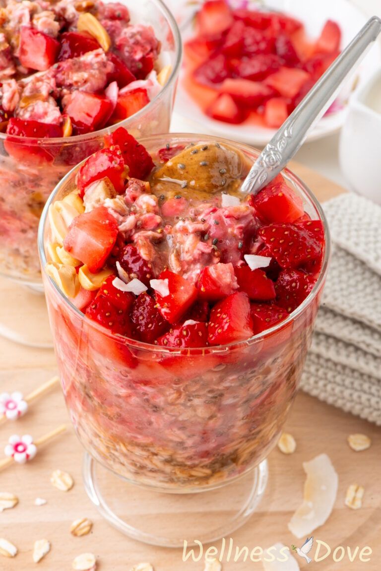 the Easy Overnight Oats with Strawberries in a glass, macro view