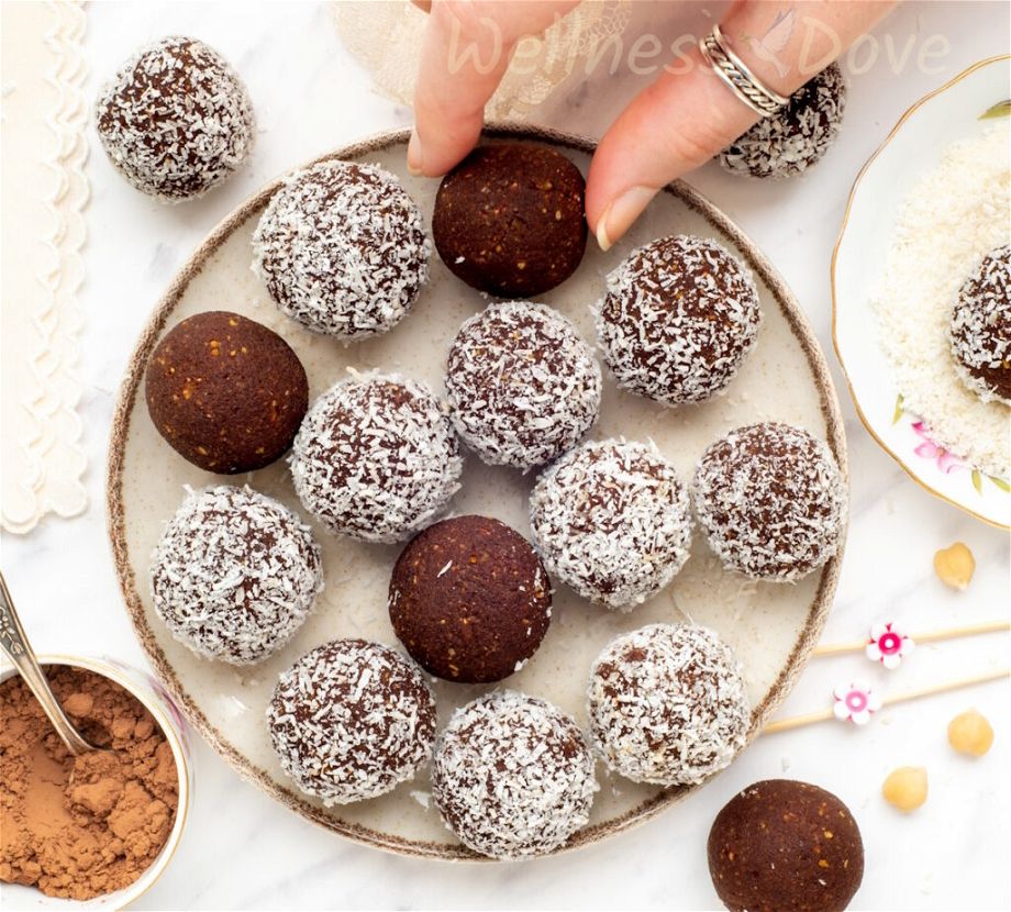 an overhead view of the healthy vegan chickpea energy balls in  a large palte