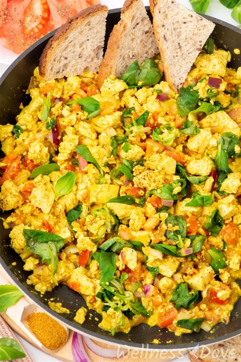 another close up photo of the quick curried tofu vegan egg scramble, from overhead