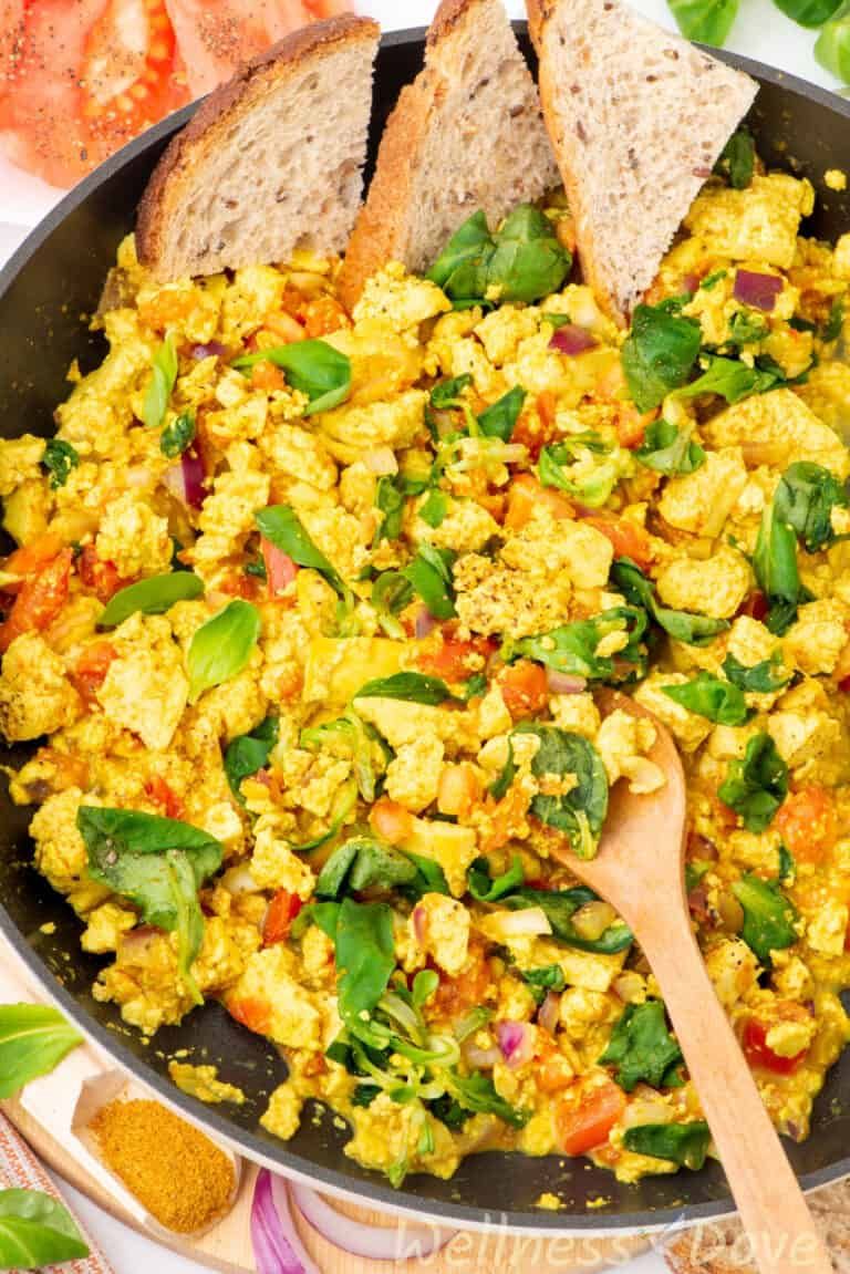 a very close up photo of the Quick Curried Tofu Vegan Egg Scramble 