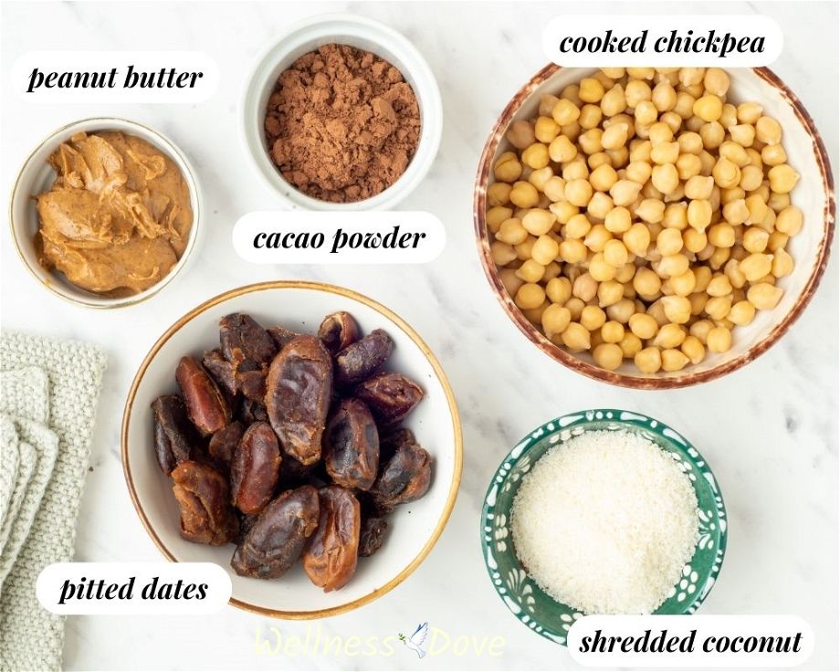 the ingredients for the healthy vegan chickpea energy balls