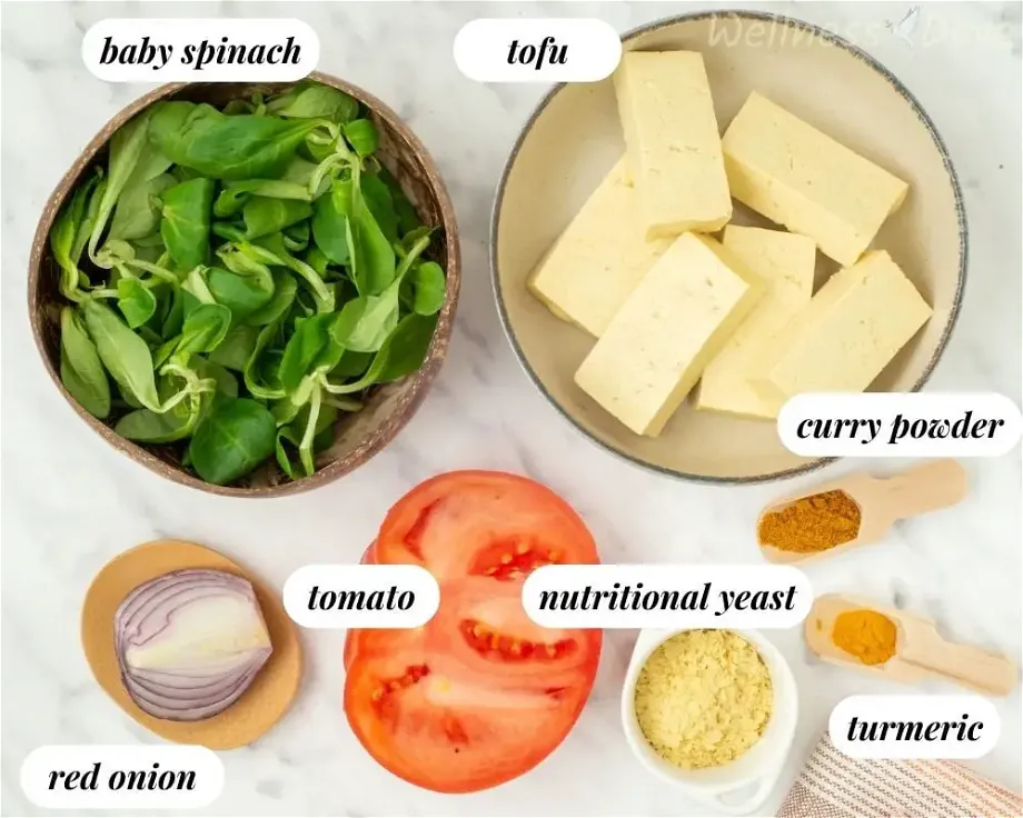 the ingredients for the quick curried tofu vegan egg scramble