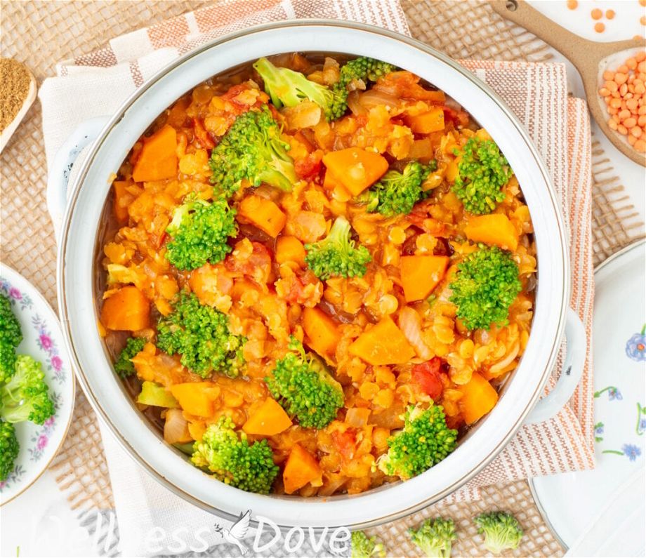 an overhead view of the Quick Broccoli Red Lentil Vegan Soup in a small pot