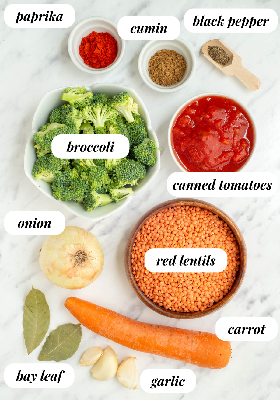 the ingredients for the Quick Broccoli Red Lentil Vegan Soup