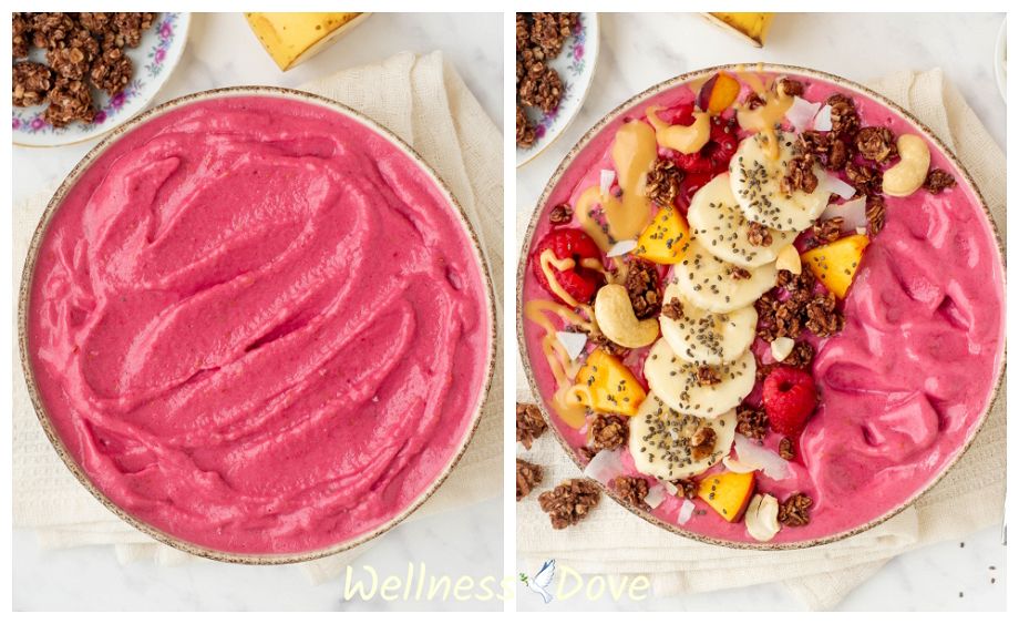 the Raspberry Banana Vegan Smoothie Bowl photo collage - before and after toppings are added to the bowl