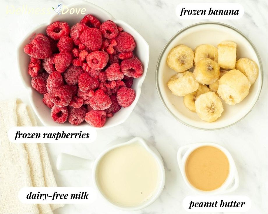 the ingredients for the Raspberry Banana Vegan Smoothie Bowl