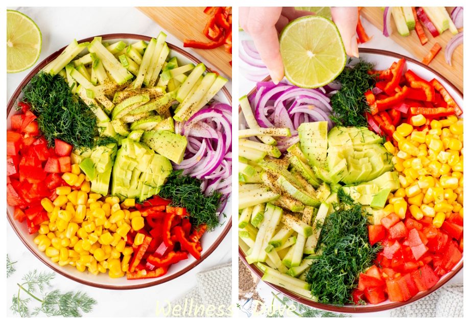  a photo collage of 2 photos that show how to make the Zucchini Vegan Salad