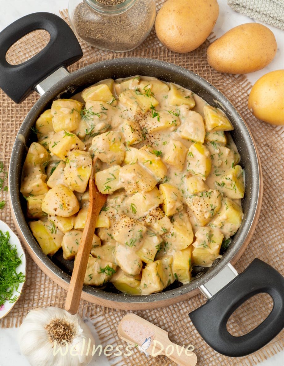 the Garlic Potatoes - overhead photo in  a skillet